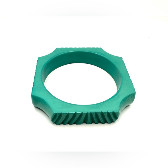 Geometric Octagon Aqua Carved Bangle Bracelet-Chunky - Picture 7 of 7